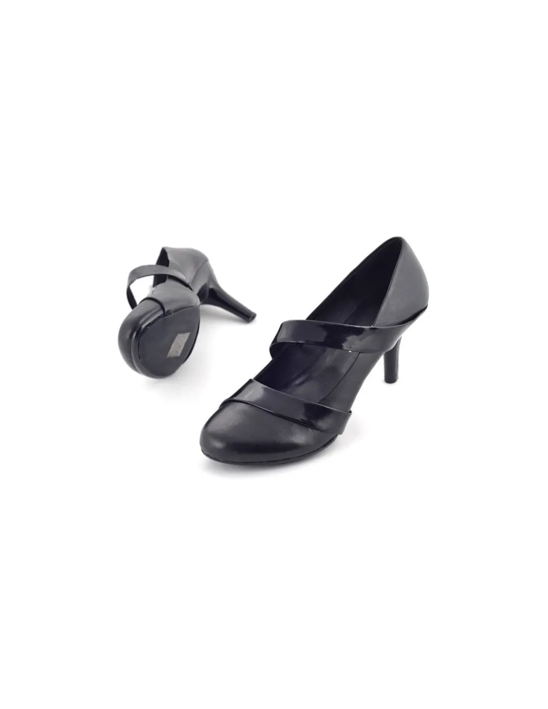 Damskie United Nude czolenka z czarnej skory i czarne lakierowane paseczki na stabilnych obcasach