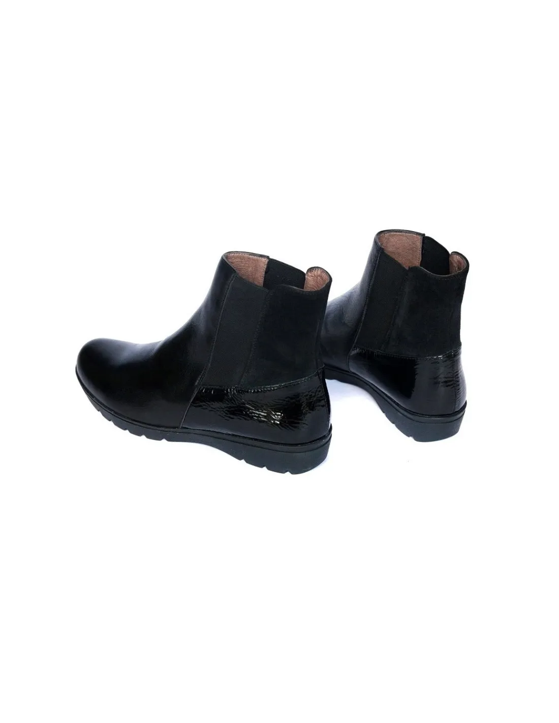 Damskie Wonders botki, sztyblety z czarnej naturalnej skory i skory lakierowanej osadzone na lekkiej niskiej platformie